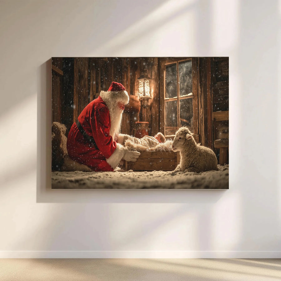 Nativity Scene Canvas Art | Santa Claus Kneeling At Manger | Premium Gallery Wrapped Wall Decor | Christian Christmas Holiday Gift for Home