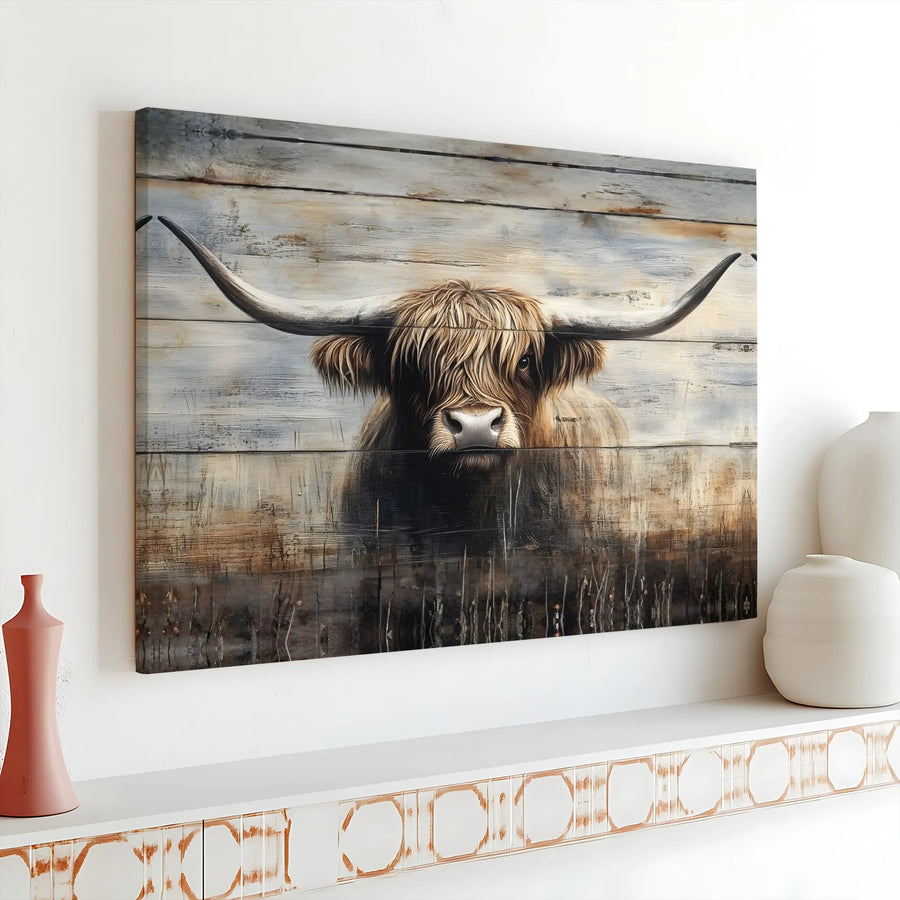Highland Cow Canvas Wall Art | Rustic Shaggy Cow Painting on Wood Panel | Premium Gallery Wrapped Print | Farmhouse Living Room Decor & Housewarming Gift
