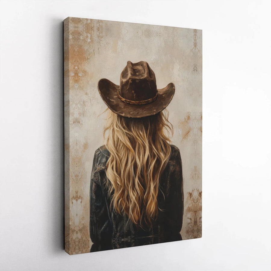 Western Cowgirl Canvas Wall Art | Blonde Hair Portrait in Cowboy Hat | Premium Gallery Wrap Decor | Farmhouse Aesthetic Gift for Her