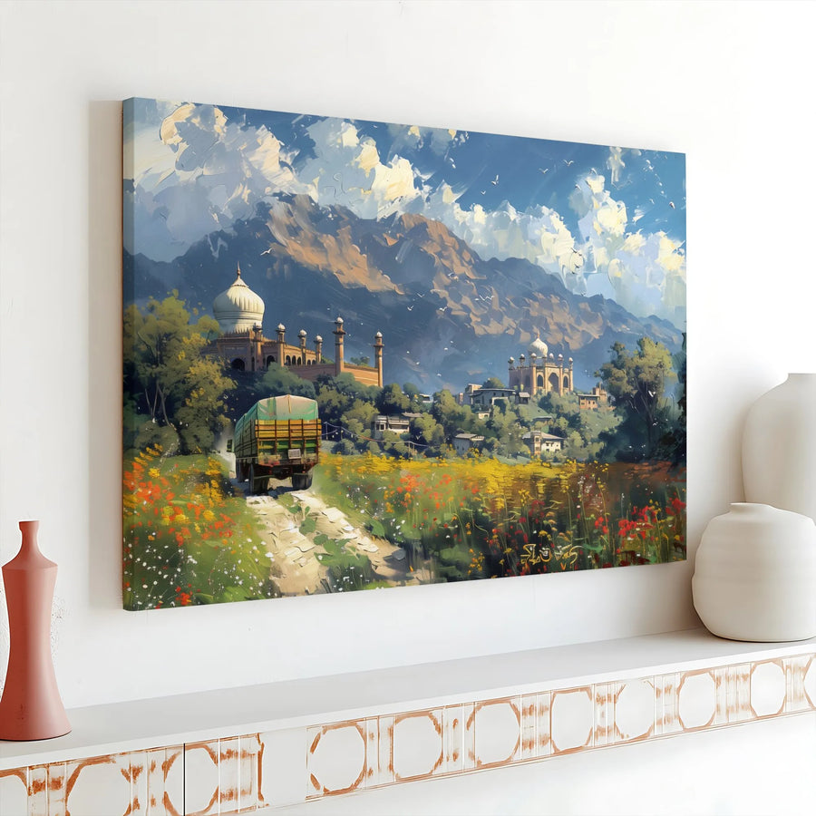 Mountain Mosque Canvas Wall Art | Impasto Landscape With Wildflowers | 1.25-Inch Premium Gallery Wrap | Scenic Travel Home Decor Gift