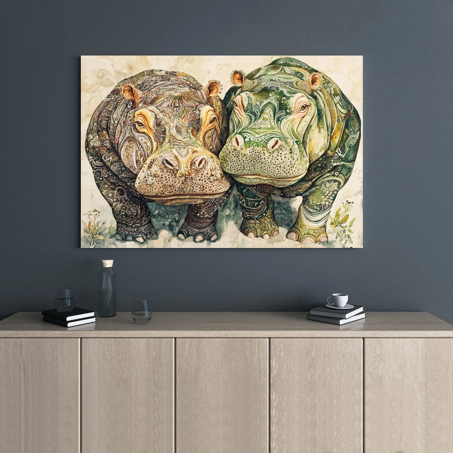 Hippopotamus Couple Canvas Wall Art | Intricate Mandala Watercolor Print | Premium Gallery Wrap Decor | Unique Hippo Gift for Animal Lovers