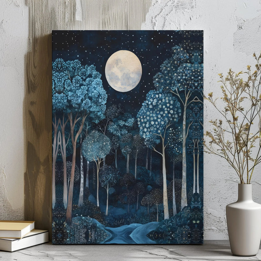 Mystical Forest Night Canvas Print | Full Moon and Stars Wall Art | Premium Gallery Wrap Decor | Nature Lover Home Office Gift