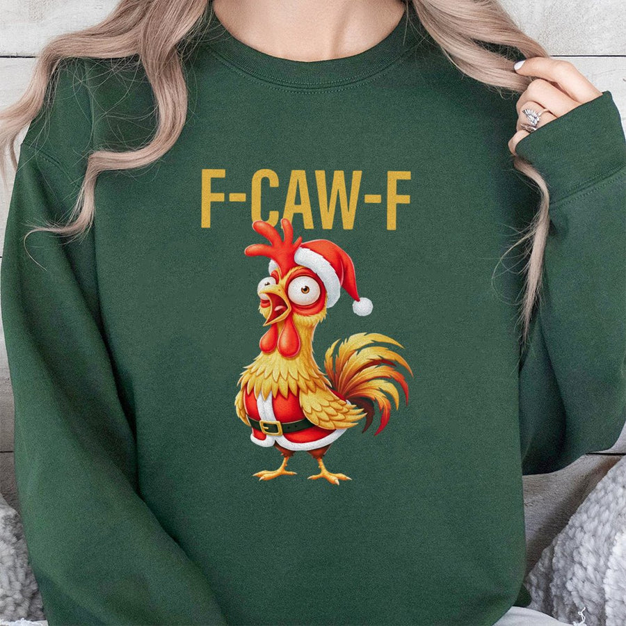 Funny Christmas Chicken Sweatshirt | F-CAW-F Santa Rooster Pun | Premium Cotton Blend | Holiday Gift For Poultry Lovers And Farmers