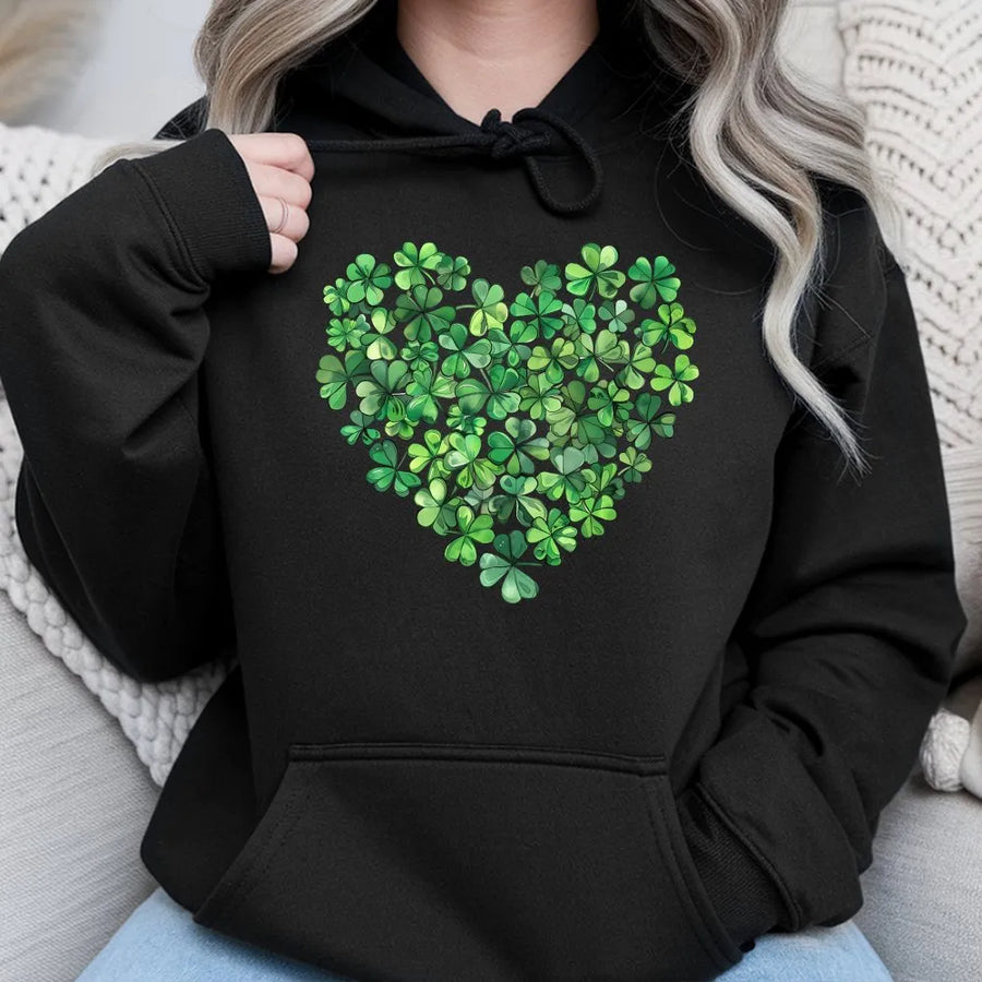 St Patrick's Day Hoodie | Shamrock Heart Graphic Print | Premium Cotton Blend | Unisex Irish Gift for Her