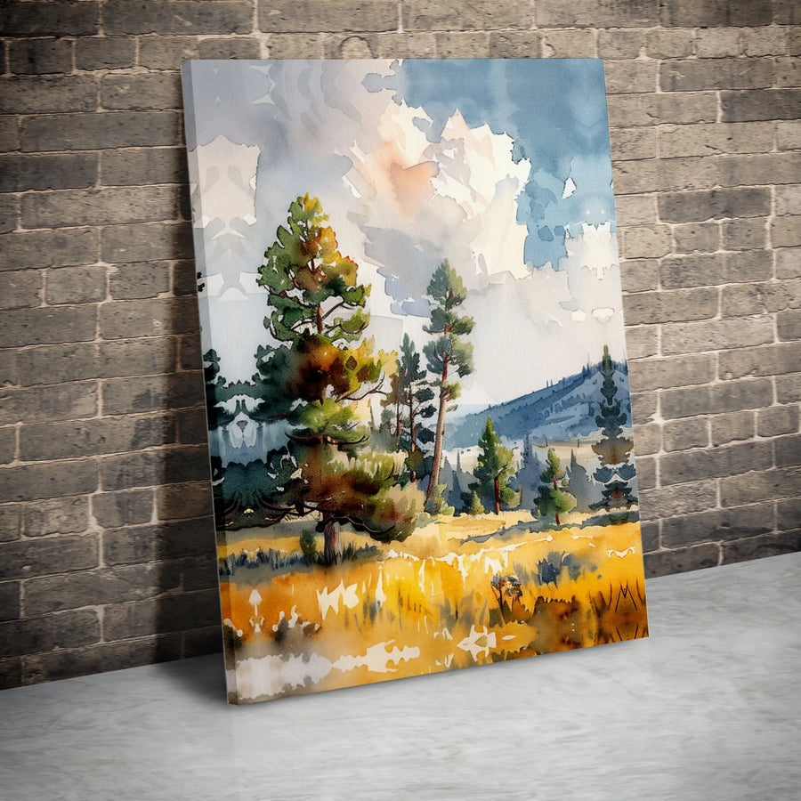 Watercolor Mountain Pine Forest Canvas Art | Golden Meadow Landscape Print | 1.25 Inch Gallery Wrap | Modern Nature Wall Decor For Home Office