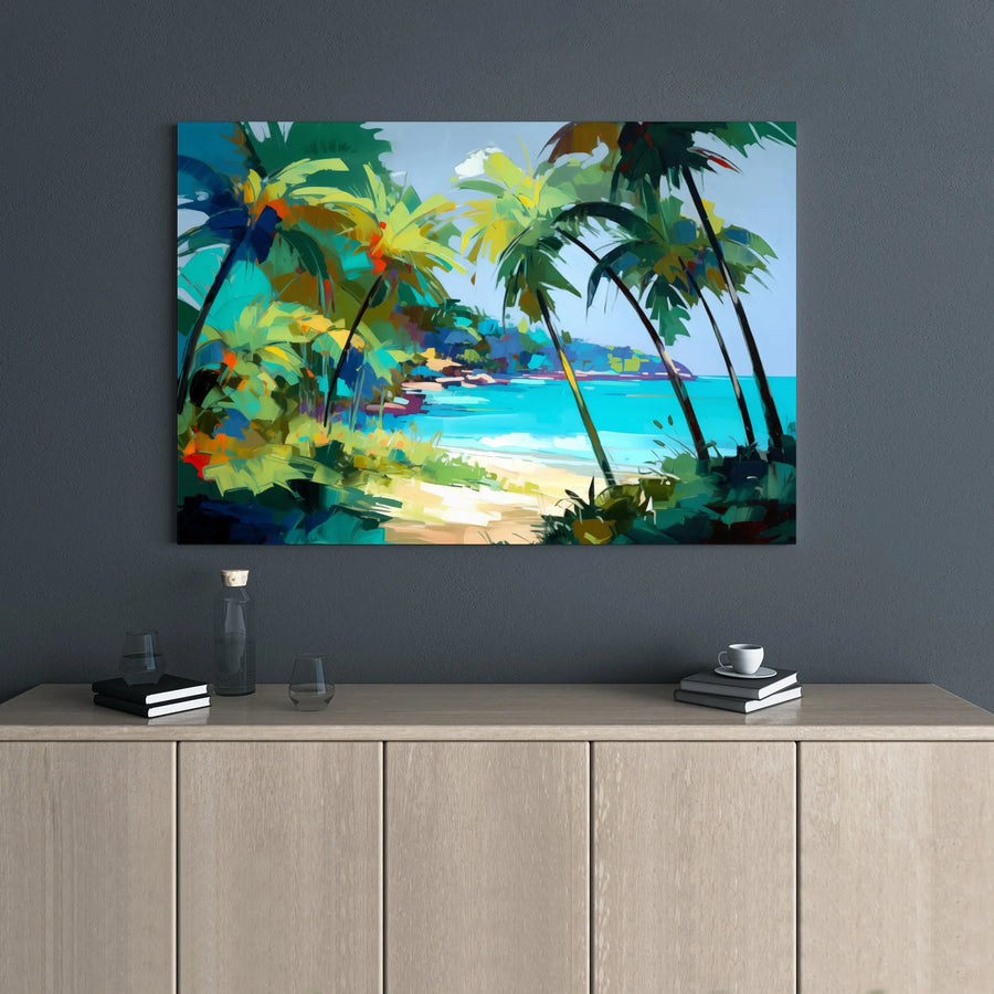 Tropical Beach Canvas Wall Art | Colorful Abstract Palm Tree Landscape | 1.25 Inch Gallery Wrap | Premium Coastal Decor for Home Office