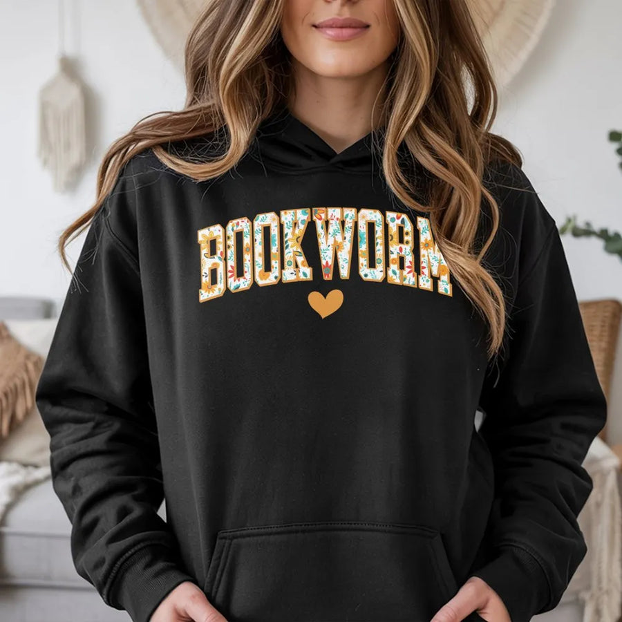 Bookworm Hoodie | Floral Botanical Typography Design | Premium Cotton-Poly Blend | Gift for Book Lovers, Librarian, English Teacher