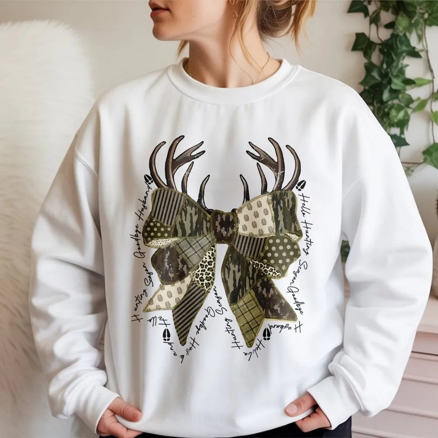 Hello Hunting Season Goodbye Husband Sweatshirt | Funny Coquette Bow Design | Premium Soft Fleece | Gift For Hunting Wives & Outdoorsy Women
