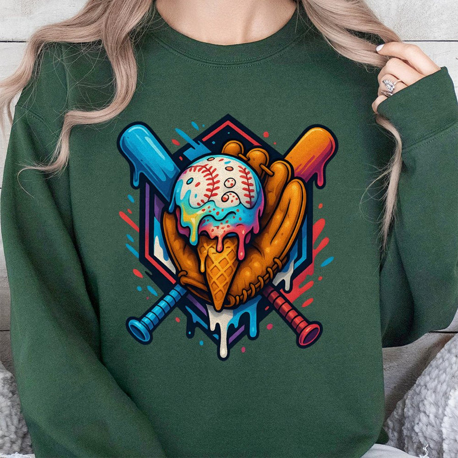Baseball Ice Cream Drip Sweatshirt | Colorful Melting Sport Graphic | Premium Cotton Blend Crewneck | Gift for Baseball Players and Fans