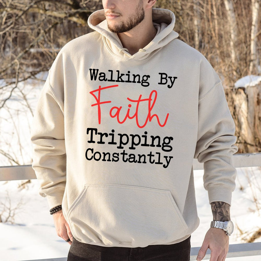 Walking By Faith Tripping Constantly Hoodie | Inspirational Christian Quote Graphic Sweatshirt | Premium Cotton Blend | Funny Religious Gift For Women Men