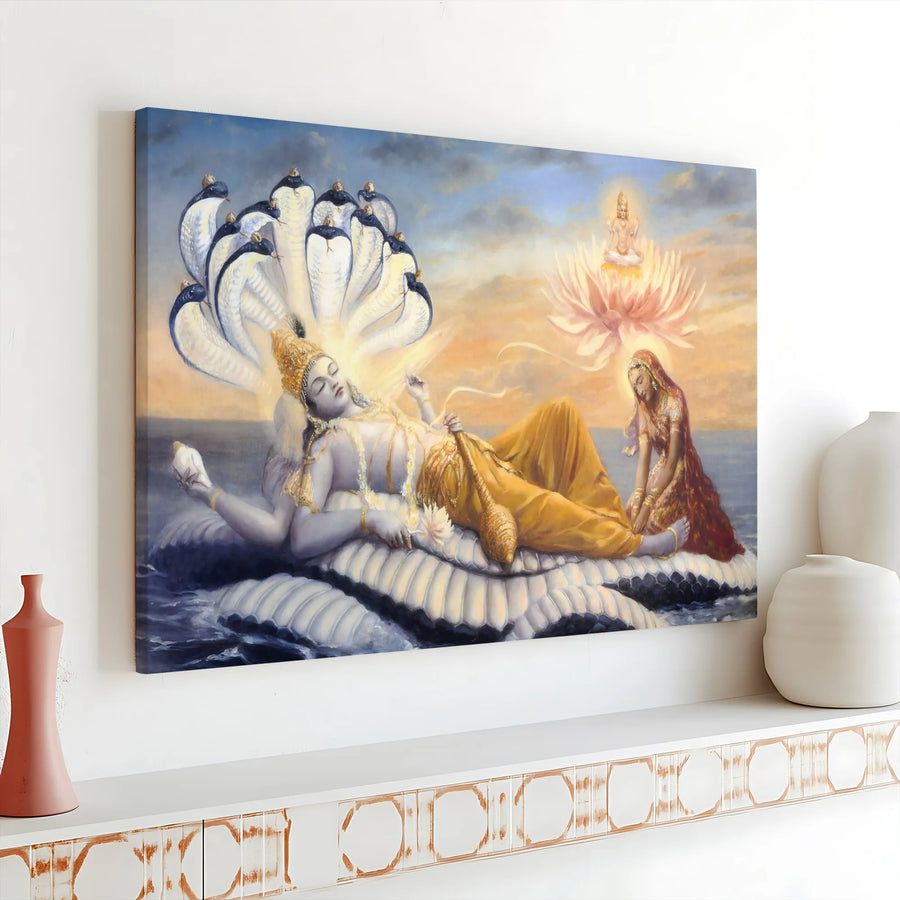 Lord Vishnu Canvas Art | Reclining On Shesha Naga With Lakshmi | Gallery Wrap Premium Print | Spiritual Home Decor Gift