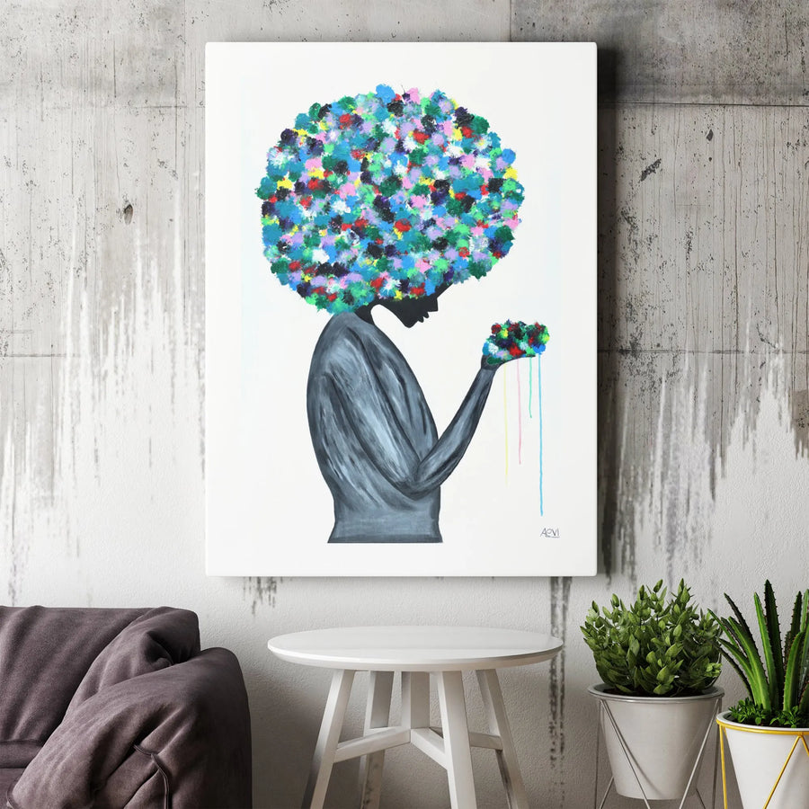 Abstract Black Woman Wall Art | Colorful Floral Afro Canvas Print | 1.25" Gallery Wrapped Premium Decor | Modern Minimalist Living Room Gift