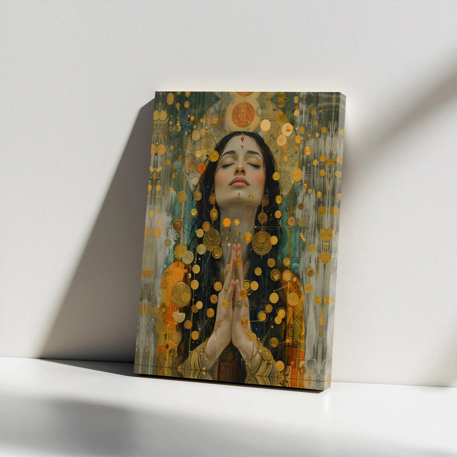 Meditating Woman Canvas Print | Ethereal Goddess Gold Coin Art | Premium Gallery Wrap Wall Decor | Spiritual Zen Gift For Home Office