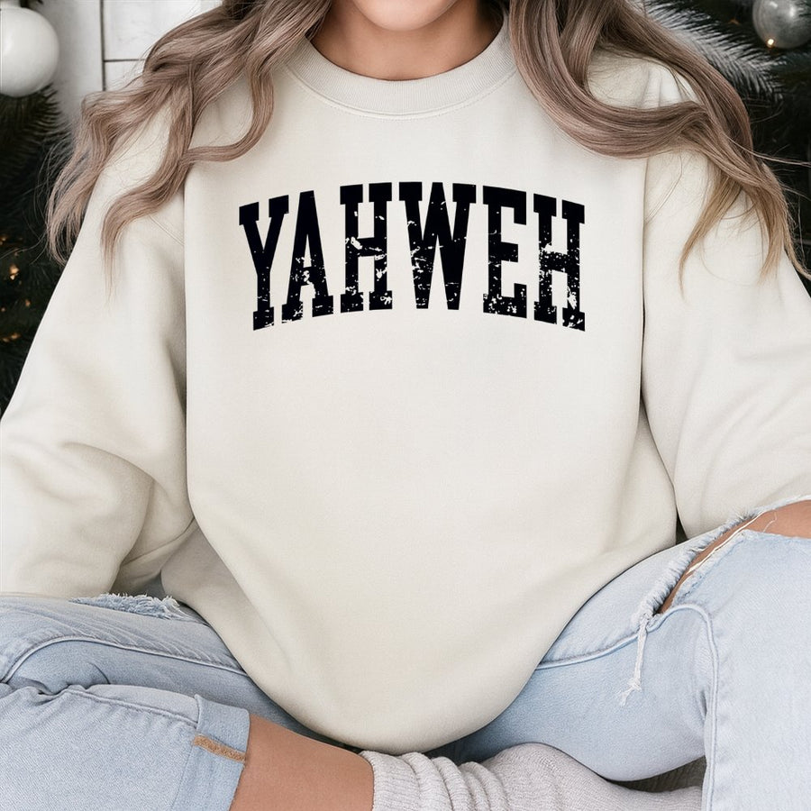 Yahweh Christian Sweatshirt | Distressed Varsity Text Graphic | Soft Cotton-Poly Blend | Religious Faith Gift For Believers