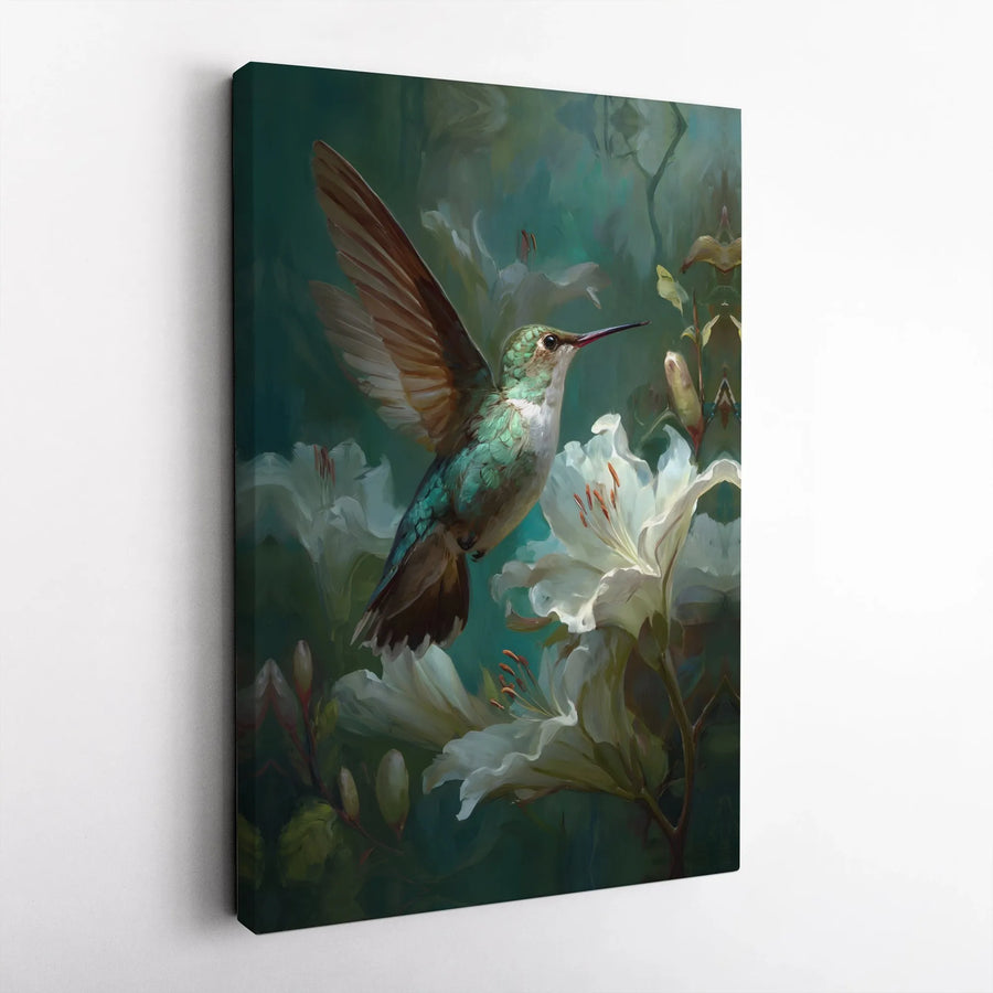Hummingbird Canvas Wall Art | Moody Botanical Painting of Bird and Lilies | Premium Stretched Canvas | Living Room Decor Gift for Nature Lover