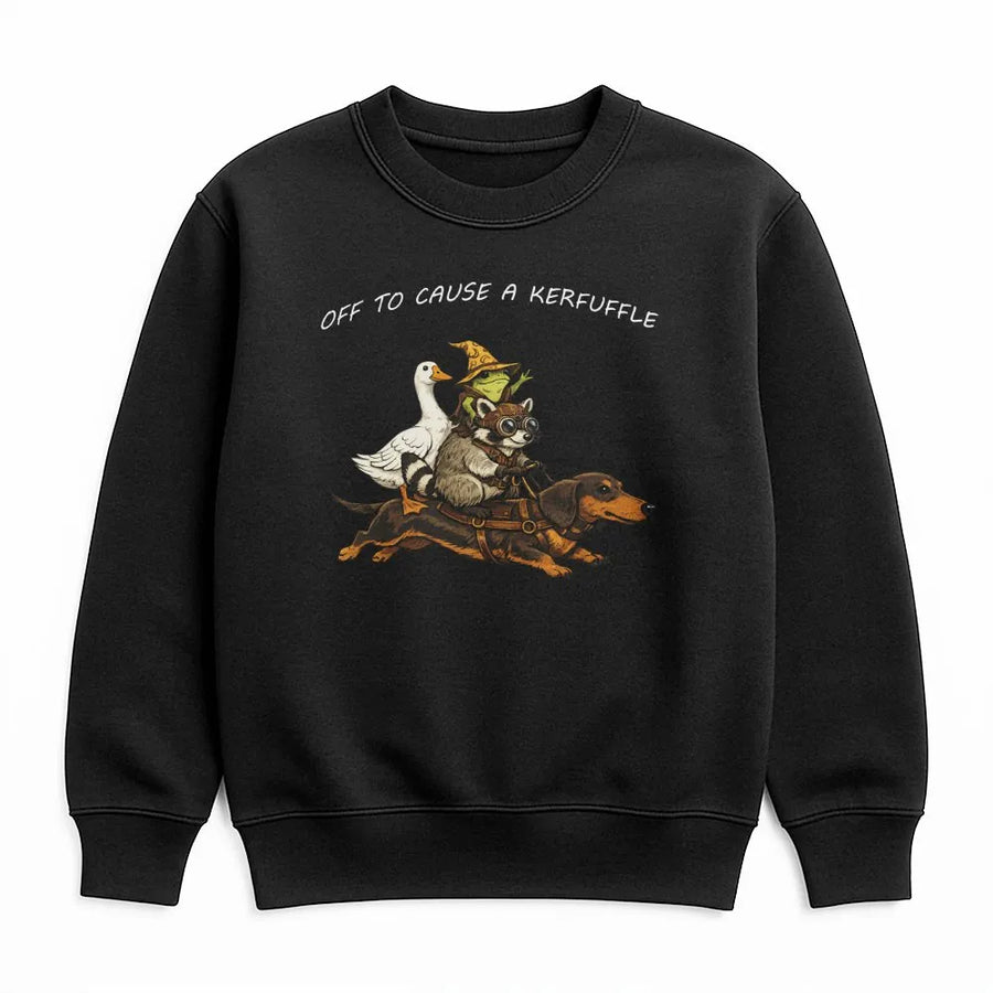 Off To Cause A Kerfuffle Sweatshirt | Funny Raccoon Riding Dachshund Graphic Tee | Premium Soft Cotton | Sarcastic Humor Gift for Animal Lovers