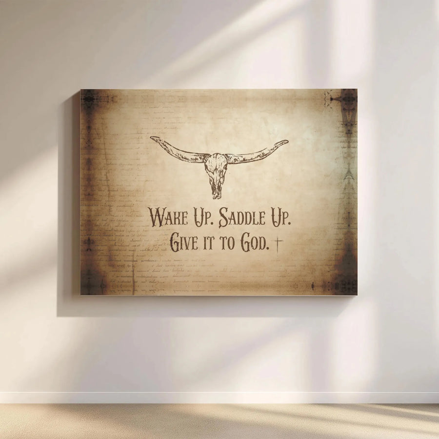 Wake Up Saddle Up Give It To God Canvas | Western Longhorn Skull Wall Art | Premium Gallery Wrapped Decor | Christian Cowboy Farmhouse Gift