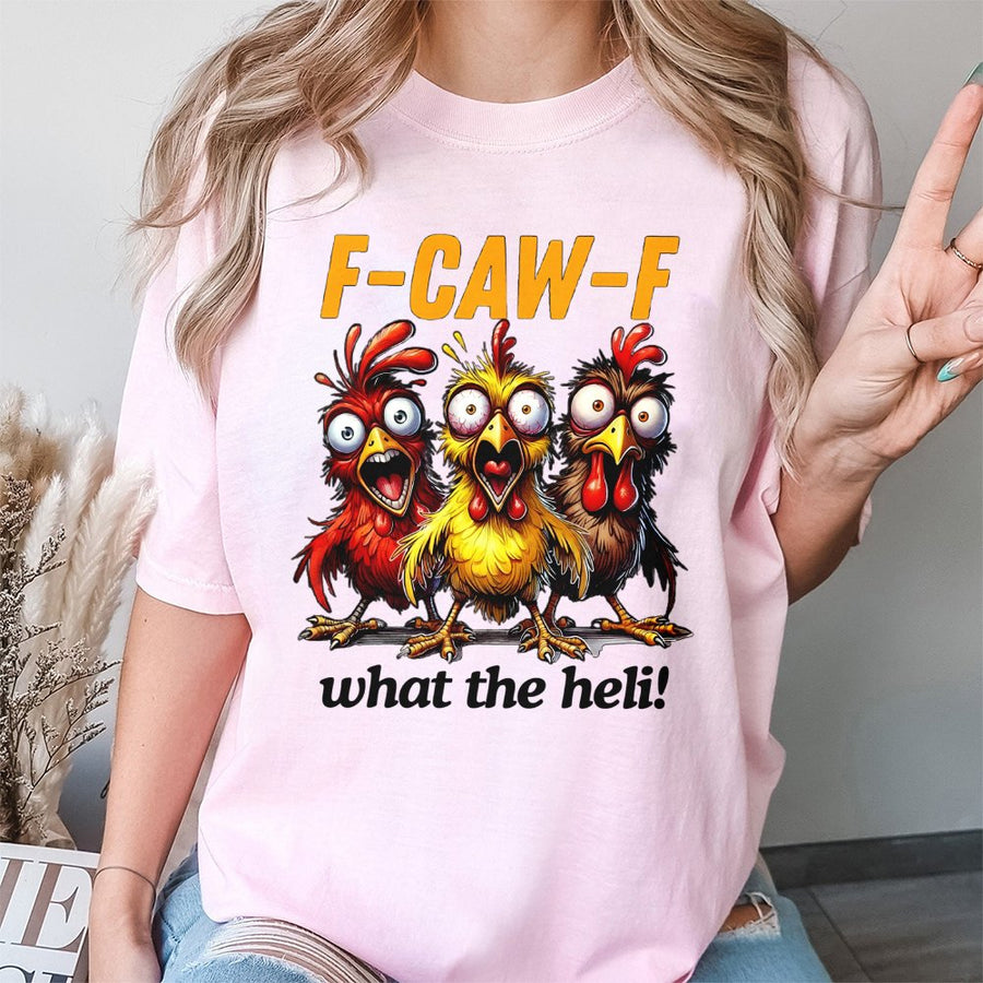 Funny Chicken Graphic T-Shirt | F-Caw-F What The Heli Pun | Premium 100% Cotton Tee | Gift for Farm Lovers & Backyard Chicken Keepers