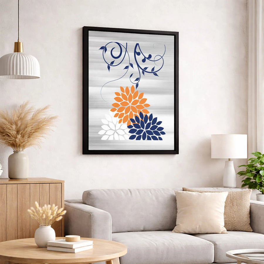 Abstract Floral Canvas Wall Art | Navy Orange White Botanical Print | Premium 1.25-Inch Gallery Wrap | Modern Home Office Decor Gift