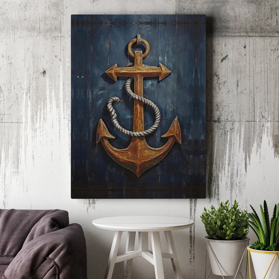 Rustic Gold Anchor Wall Art | Nautical Distressed Blue Wood Print | Premium 1.25" Gallery Canvas | Coastal Home Decor Gift