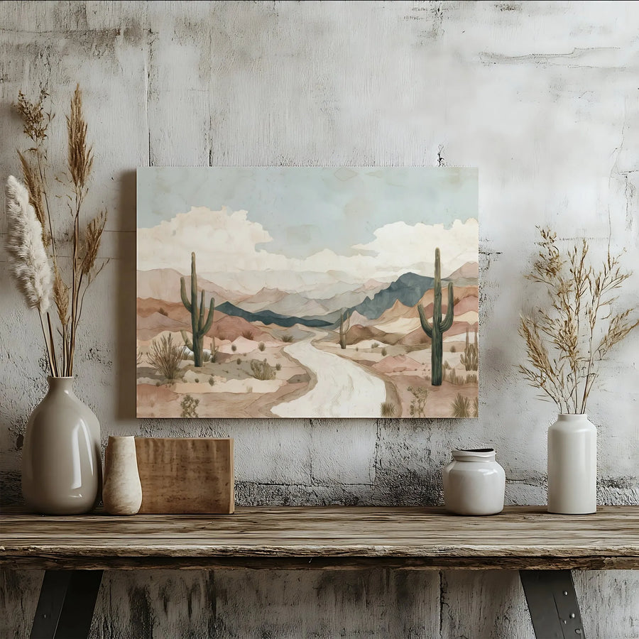 Southwestern Desert Canvas Wall Art | Watercolor Saguaro Cactus Mountain Landscape | Premium Gallery-Wrapped Print | Modern Home & Office Decor
