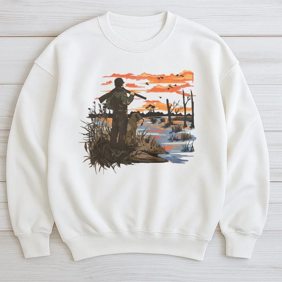 Duck Hunting Sweatshirt | Sunset Marsh Hunter & Dog Graphic | Premium Cotton Blend | Gift For Waterfowl Hunter Outdoor Enthusiast