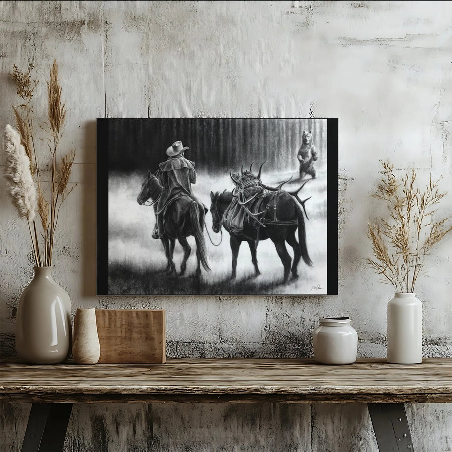 Western Grizzly Bear Canvas Print | Cowboy and Pack Mule Wildlife Art | Premium Gallery Wrap Wall Decor | Rustic Lodge Home Gift