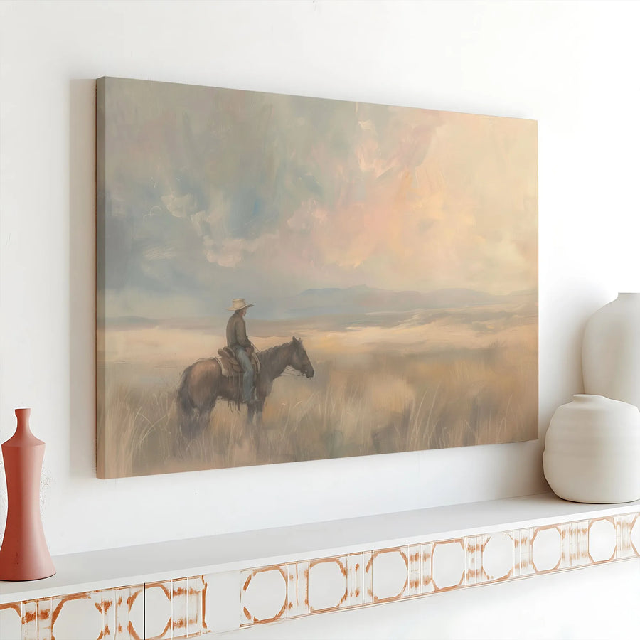 Western Cowboy Canvas Wall Art | Lone Rider at Sunrise Painting | Premium Thick Gallery Canvas | Rustic Farmhouse Decor Gift