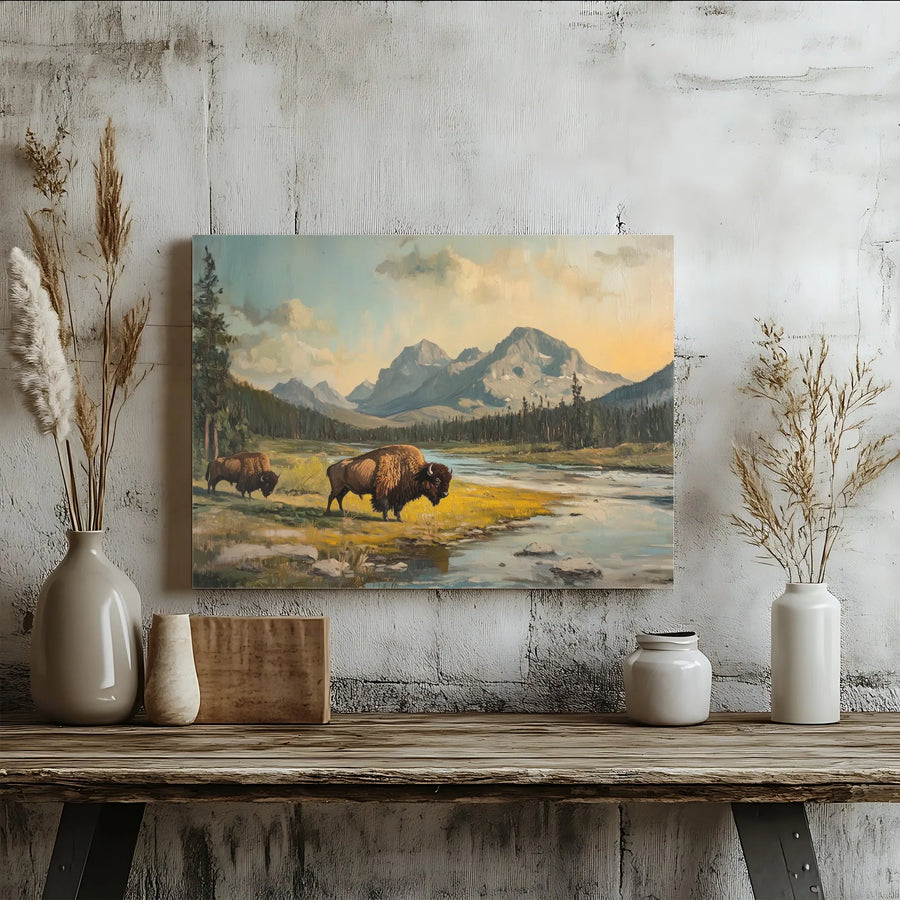 Tableau sur toile Bison Mountain | Paysage vintage de l'Ouest américain | Impression sur toile de qualité galerie | Cadeau de collectionneur pour décoration d'intérieur rustique