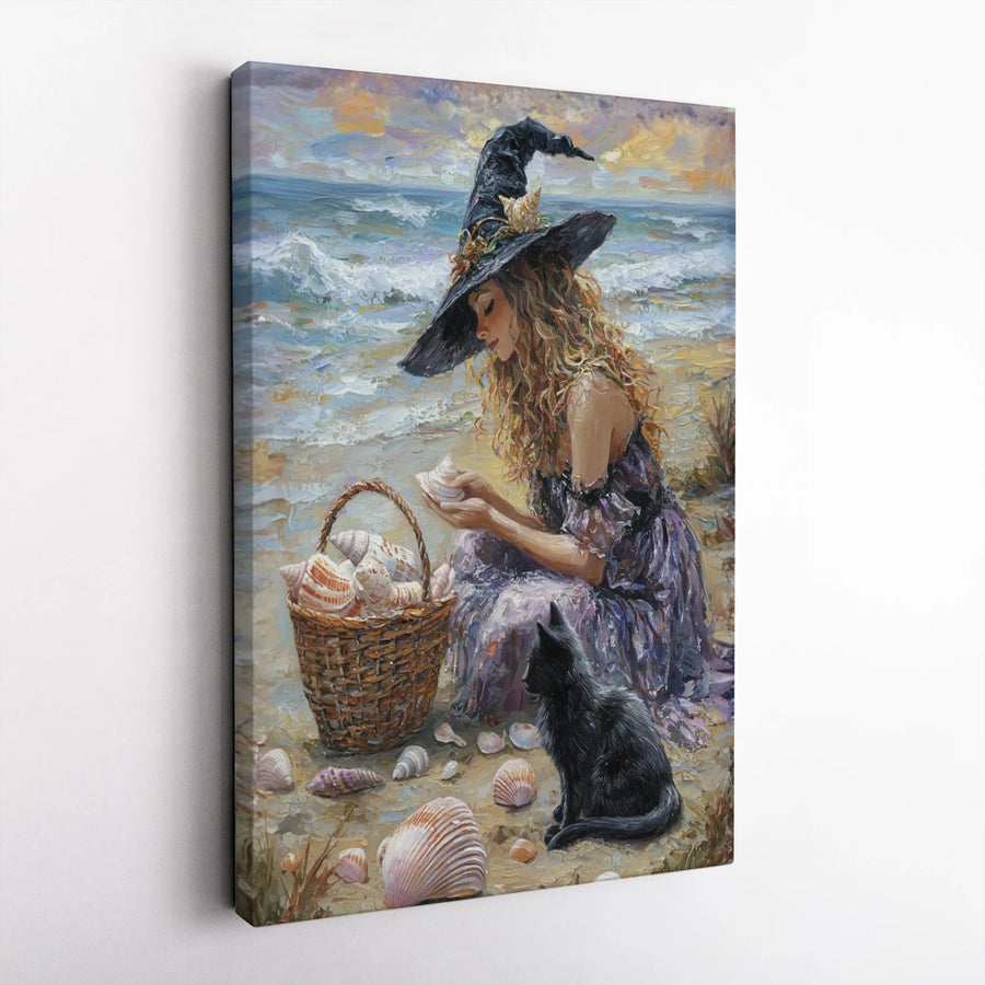 Beach Witch Canvas Wall Art | Impressionist Painting Print with Black Cat | Premium Gallery Wrap Canvas | Whimsical Wiccan Home Decor Gift