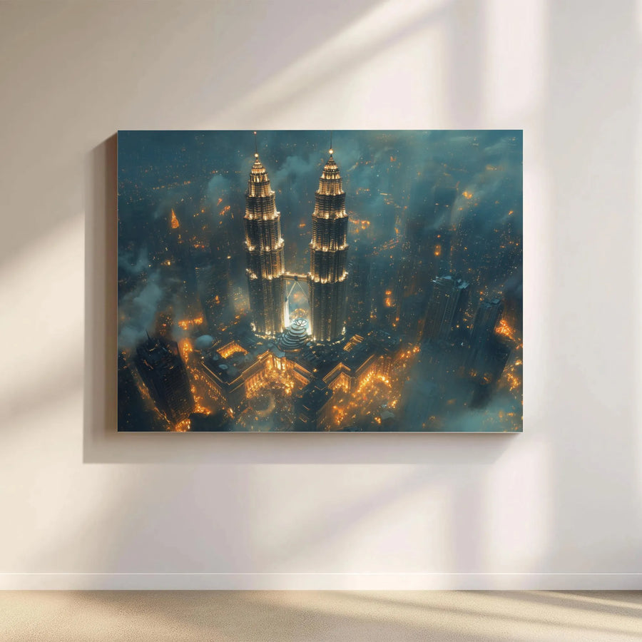 Petronas Towers Canvas Print | Aerial Night Kuala Lumpur Cityscape | Gallery Quality 1.25 Inch Frame | Modern Travel Wall Art for Home Office