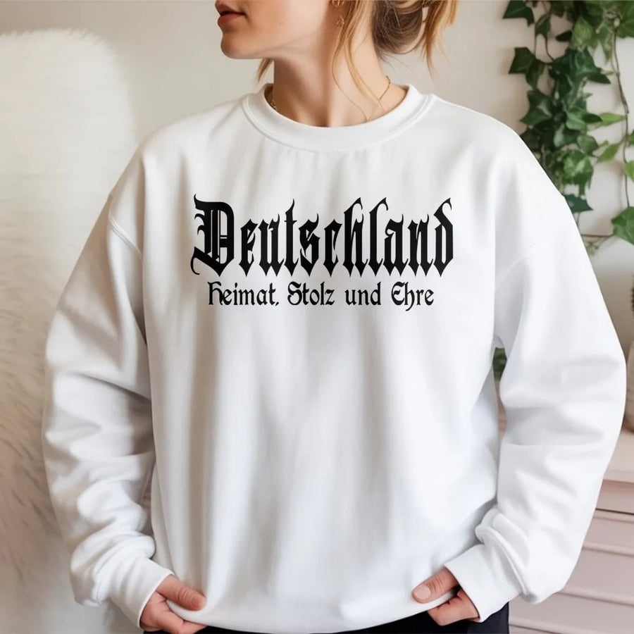 Deutschland Sweatshirt | Heimat Stolz und Ehre Gothic Font Print | Premium Cotton Blend Unisex Crewneck | German Pride Heritage Gift