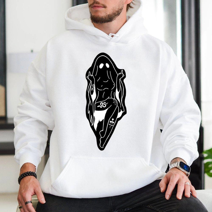 Ghost Graphic Hoodie | Edgy Tattoo Art Design | Cotton-Poly Blend Premium Comfort | Alternative Goth Streetwear Gift for Her