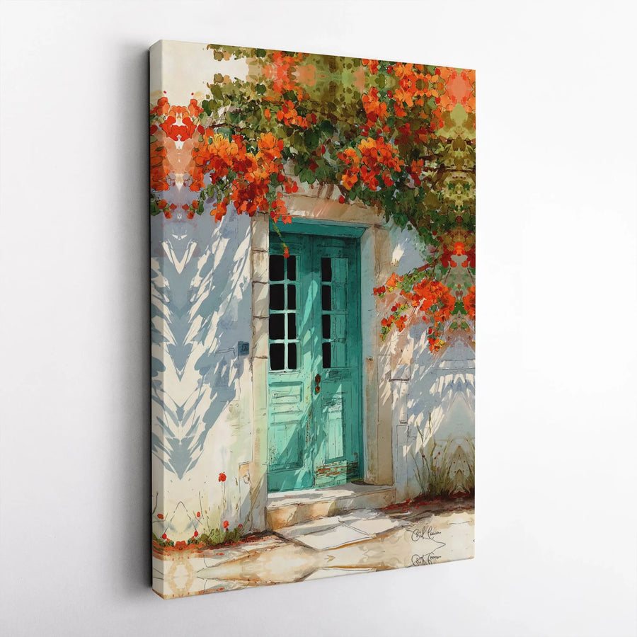 Mediterranean Teal Door Wall Art | Watercolor Bougainvillea Print | Gallery-Quality 1.25” Canvas | Coastal Decor Gift for Home Office