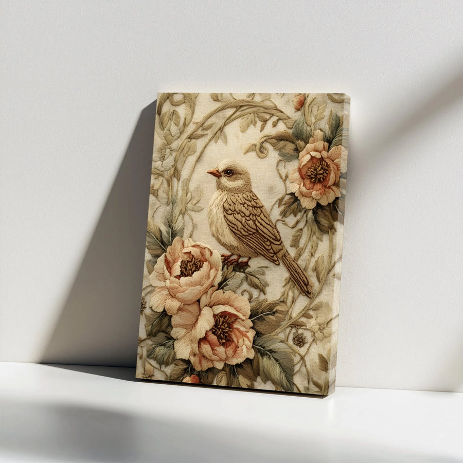Vintage Bird & Peony Canvas Art | Textured Embroidered Look Print | Premium Gallery Wrap Canvas | Cottagecore Farmhouse Wall Decor Gift