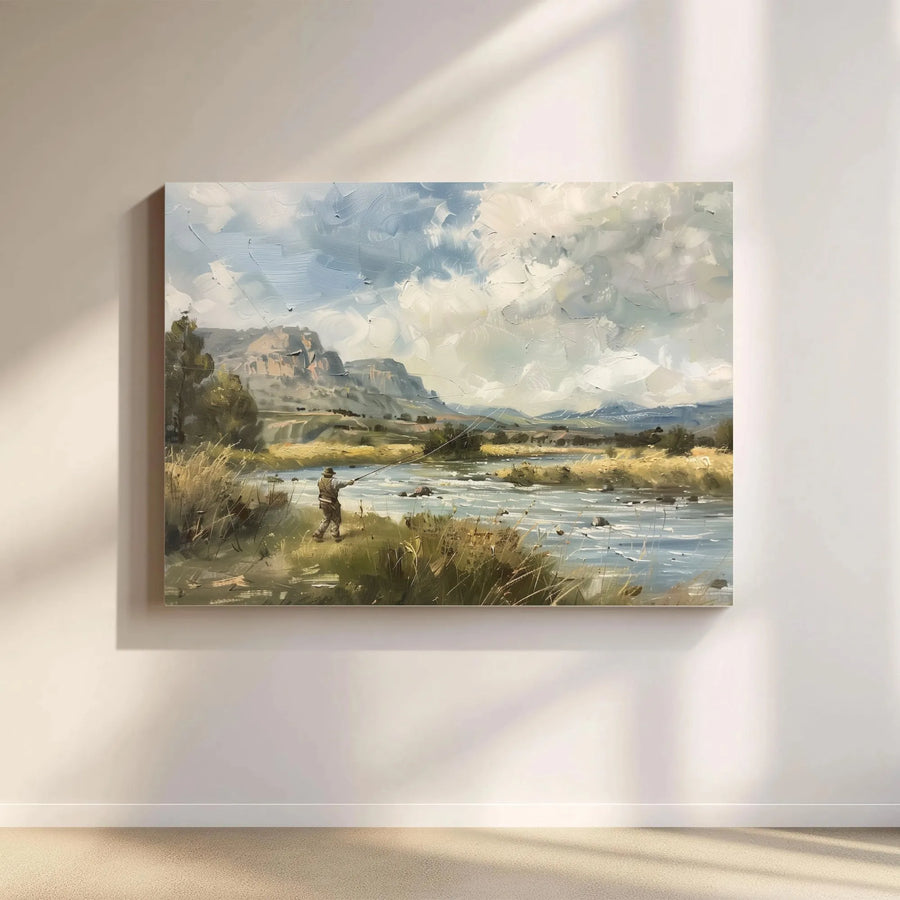 Fly Fishing Wall Art | Impressionist River Landscape Painting | Premium Gallery-Wrapped Canvas | Masculine Office Decor Gift for Fisherman
