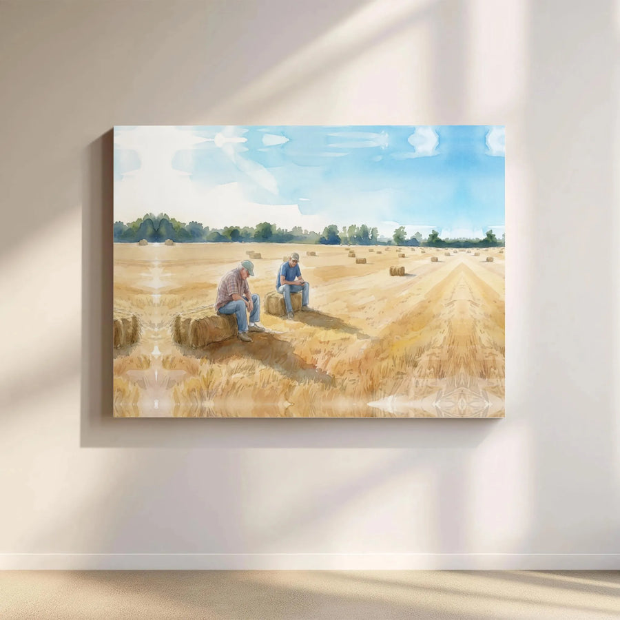 Farmers Harvesting Hay Bales Canvas | Watercolor Country Farm Landscape | 1.25 Inch Gallery Wrap | Rustic Home Decor Wall Art
