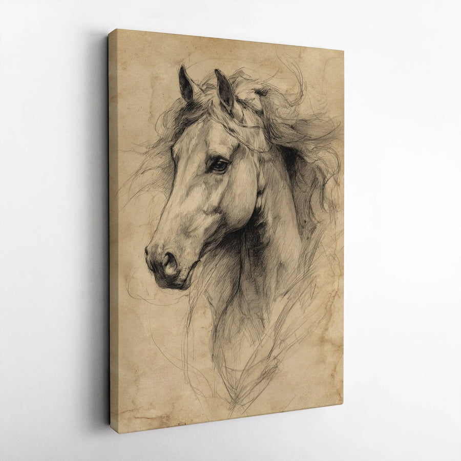 Horse Canvas Wall Art | Vintage Pencil Sketch Equestrian Drawing | Premium Gallery Wrap Print | Western Farmhouse Decor Gift for Horse Lovers