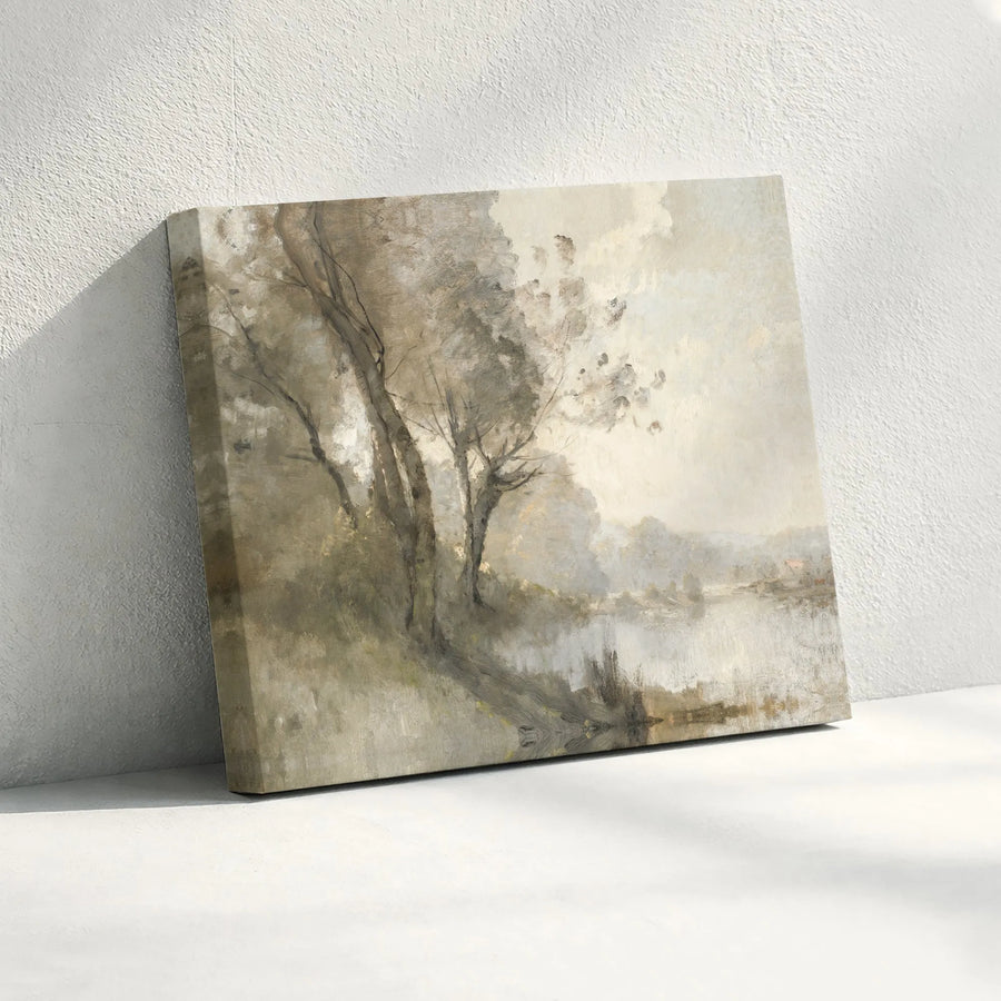 Neutral River Landscape Canvas Wall Art | Impressionist Nature Painting | Gallery-Wrapped Premium Print | Calming Home Decor for Living Room