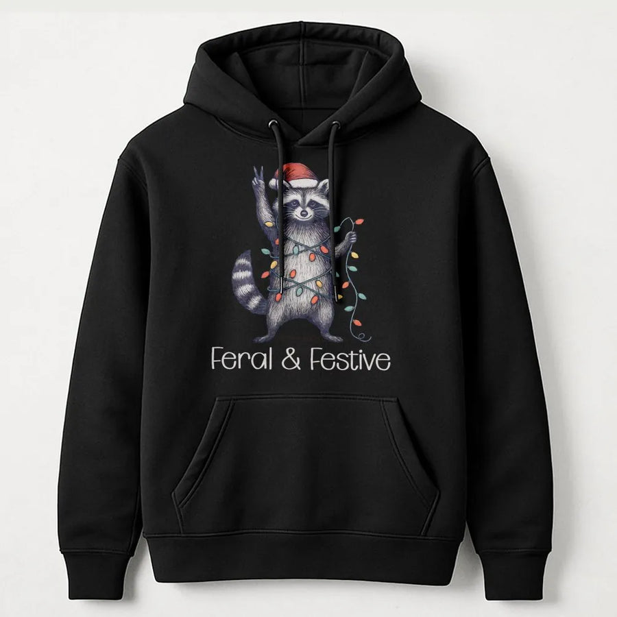 Feral and Festive Raccoon Hoodie | Funny Christmas Animal Graphic | Premium Cotton Blend Unisex Sweatshirt | Cute Holiday Gift for Raccoon Lovers