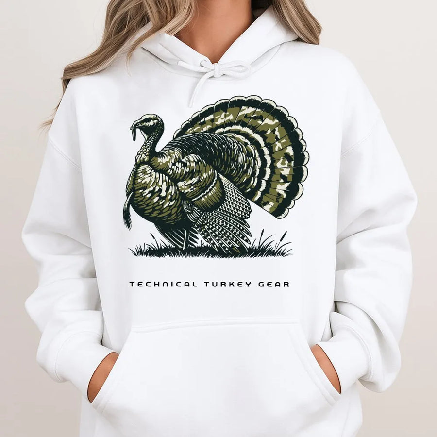 Turkey Hunting Hoodie | Vintage Strutting Gobbler with Camo Feathers Graphic | Premium Cotton Tee | Outdoorsman Gift for Hunters