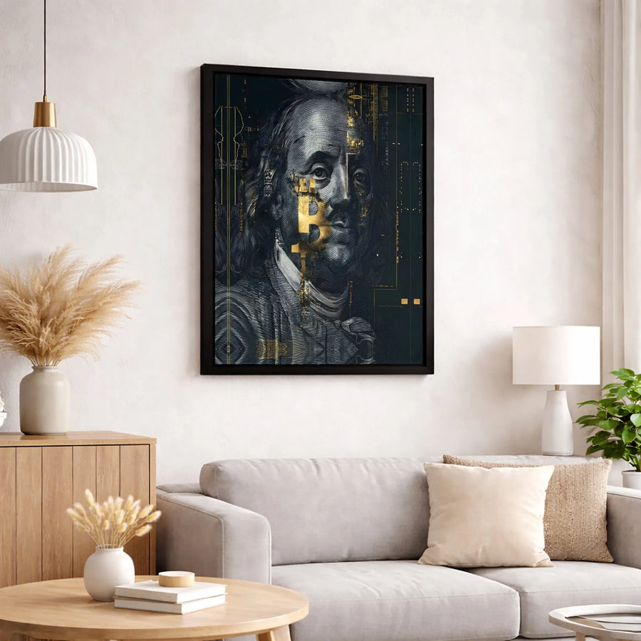 Bitcoin Benjamin Franklin Wall Art | Gold Crypto Tech Design | Premium 1.25-Inch Gallery Canvas | Modern Office Decor for Investors
