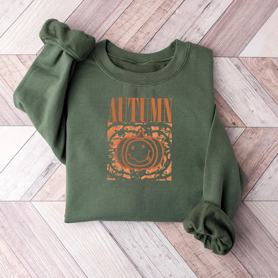 Autumn Pumpkin Sweatshirt | Retro Smiley Face Graphic | Premium Cotton Blend | Cozy Fall Apparel Gift for Men and Women