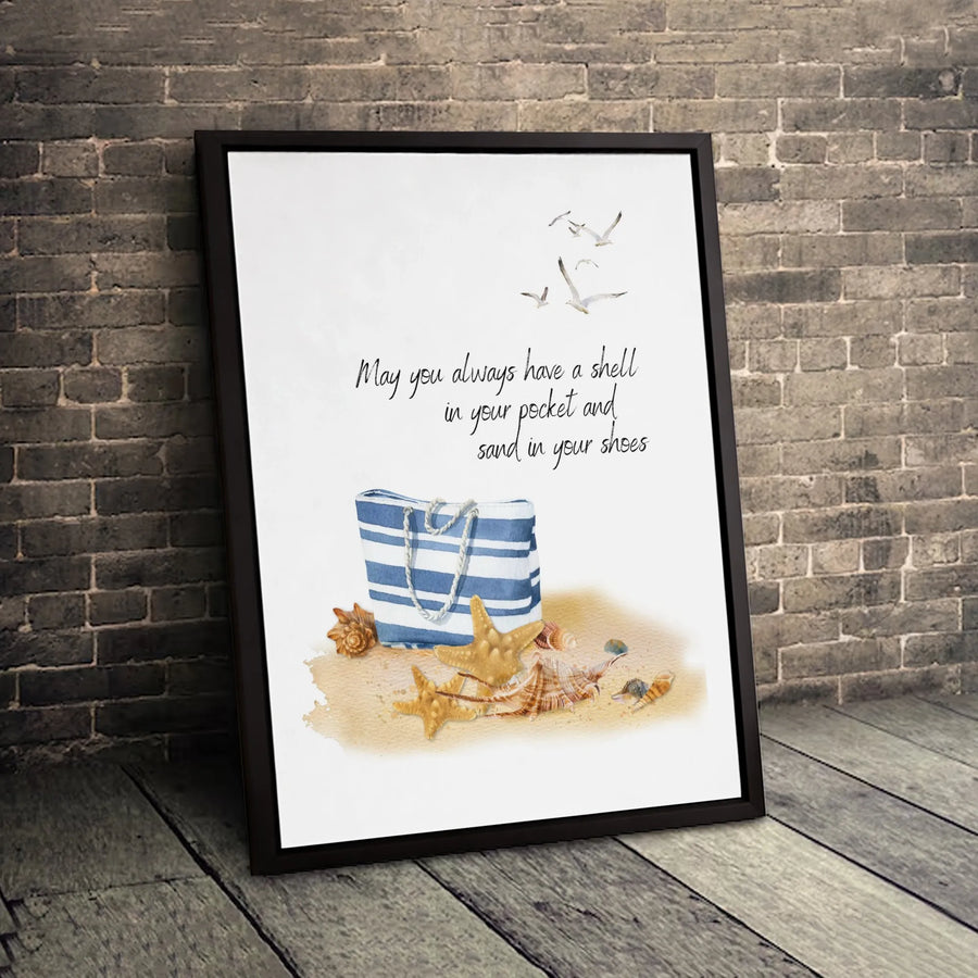 Beach Quote Wall Art | Watercolor Shells & Sand Illustration | Premium Gallery Wrapped Canvas | Coastal Home Decor Gift for Beach Lovers