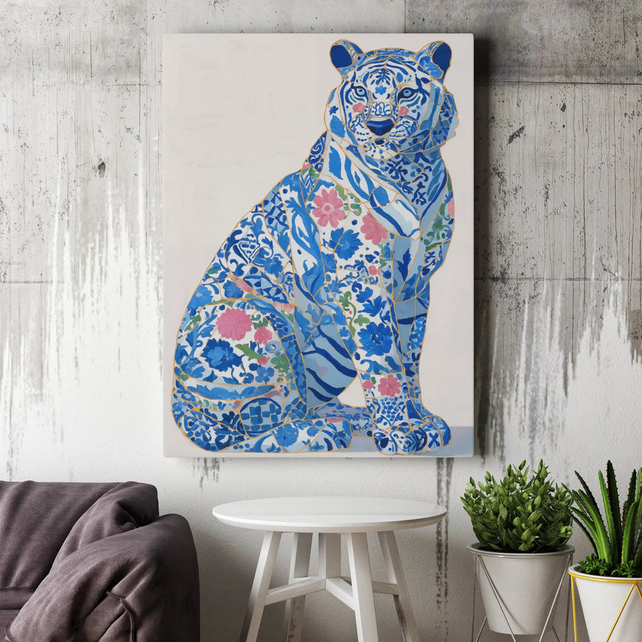 Blue and White Tiger Canvas Wall Art | Chinoiserie Floral Pattern with Gold Kintsugi Detail | Premium Gallery-Wrapped Print | Elegant Home Decor Gift