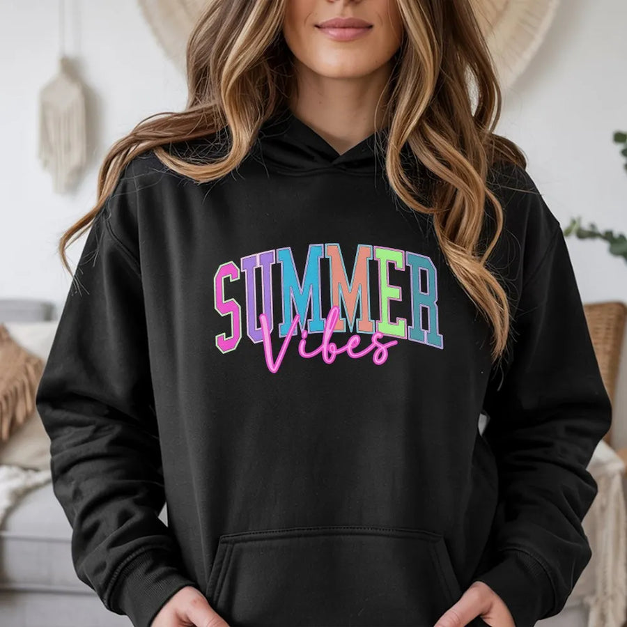 Summer Vibes Hoodie | Colorful Retro Graphic Pullover | Soft Cotton Blend | Trendy Beach Vacation Gift for Her