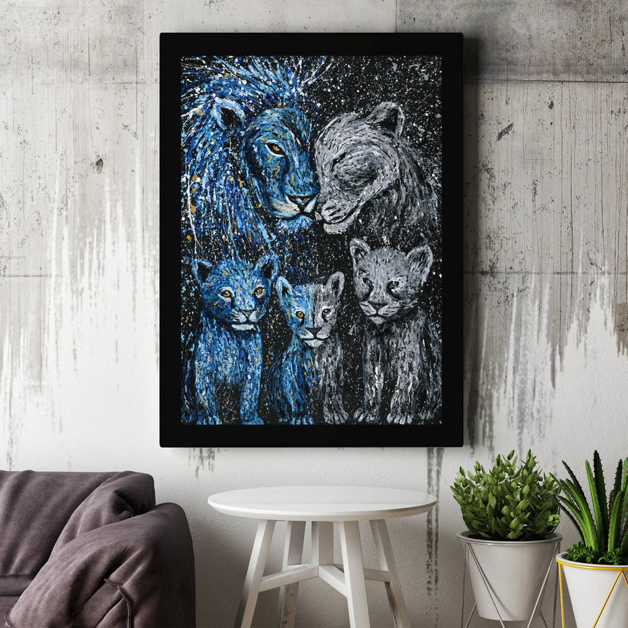 Lion Family Canvas Wall Art | Abstract Splatter Blue and Gray Pride | Premium Gallery Wrap Print | Modern Wildlife Home Decor Gift
