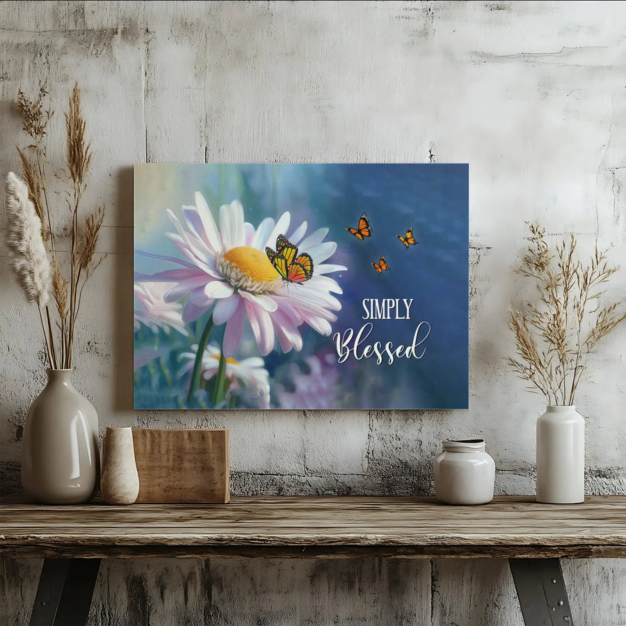 Simply Blessed Daisy Wall Art | Butterfly Floral Print | Premium Gallery Wrapped Canvas | Inspirational Home Decor Gift