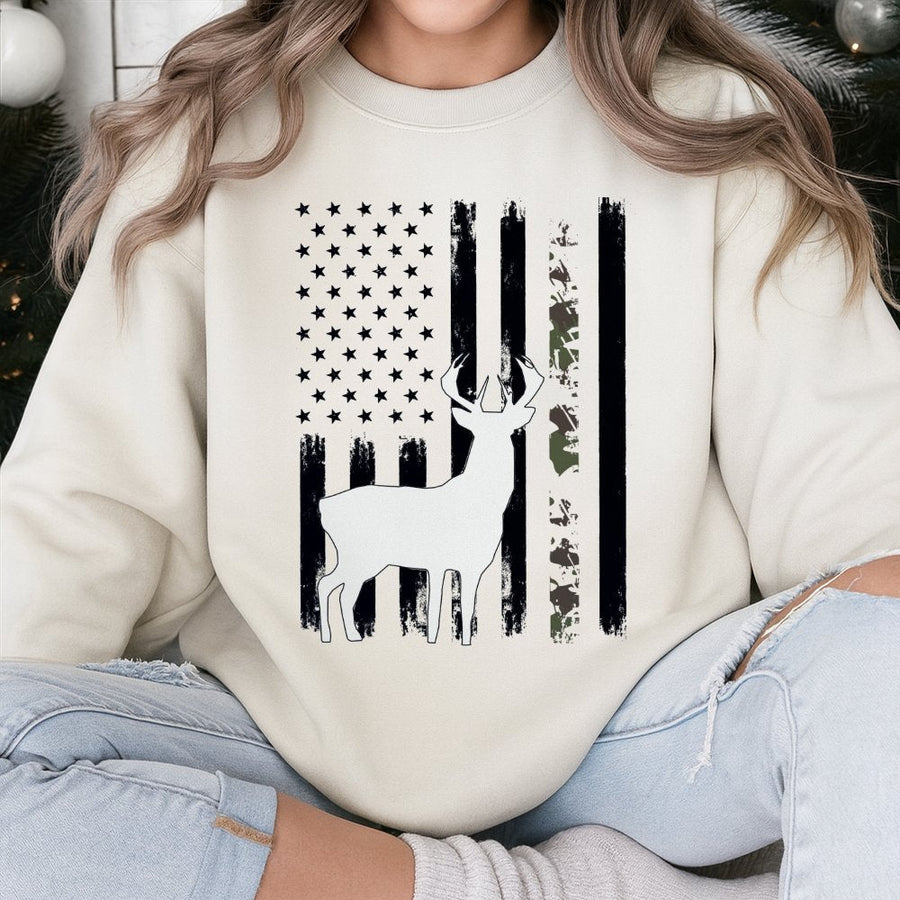 Whitetail Deer Hunting Sweatshirt | Camo American Flag Graphic | Premium Cotton Blend | Gift for Outdoorsmen and Hunters