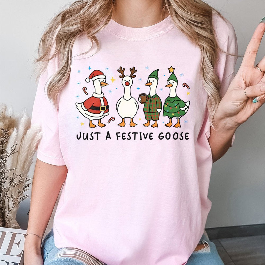 Festive Goose Christmas T-Shirt | Cute Silly Ducks Holiday Graphic | 100% Cotton Premium Unisex Tee | Funny Xmas Gift For Goose Lovers